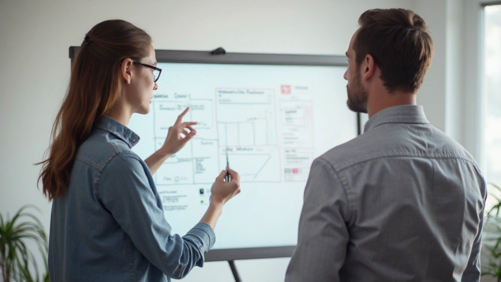 Webdesigner die gridlay-out principes visualiseert op een groot monitor