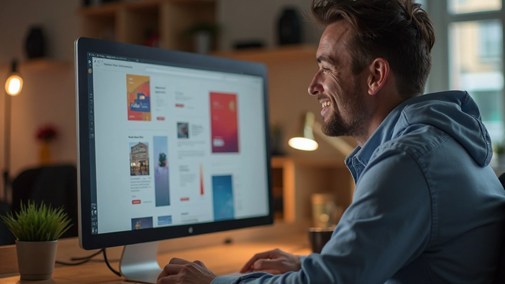 Designer aan het werk met finaal kleur- en typografieproef op scherm, tevreden met het resultaat