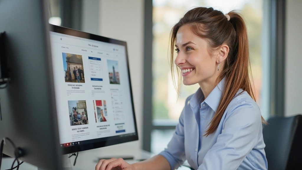 Designer die gelukkig kijkt naar een voltooide website met perfecte witruimte en hiërarchie